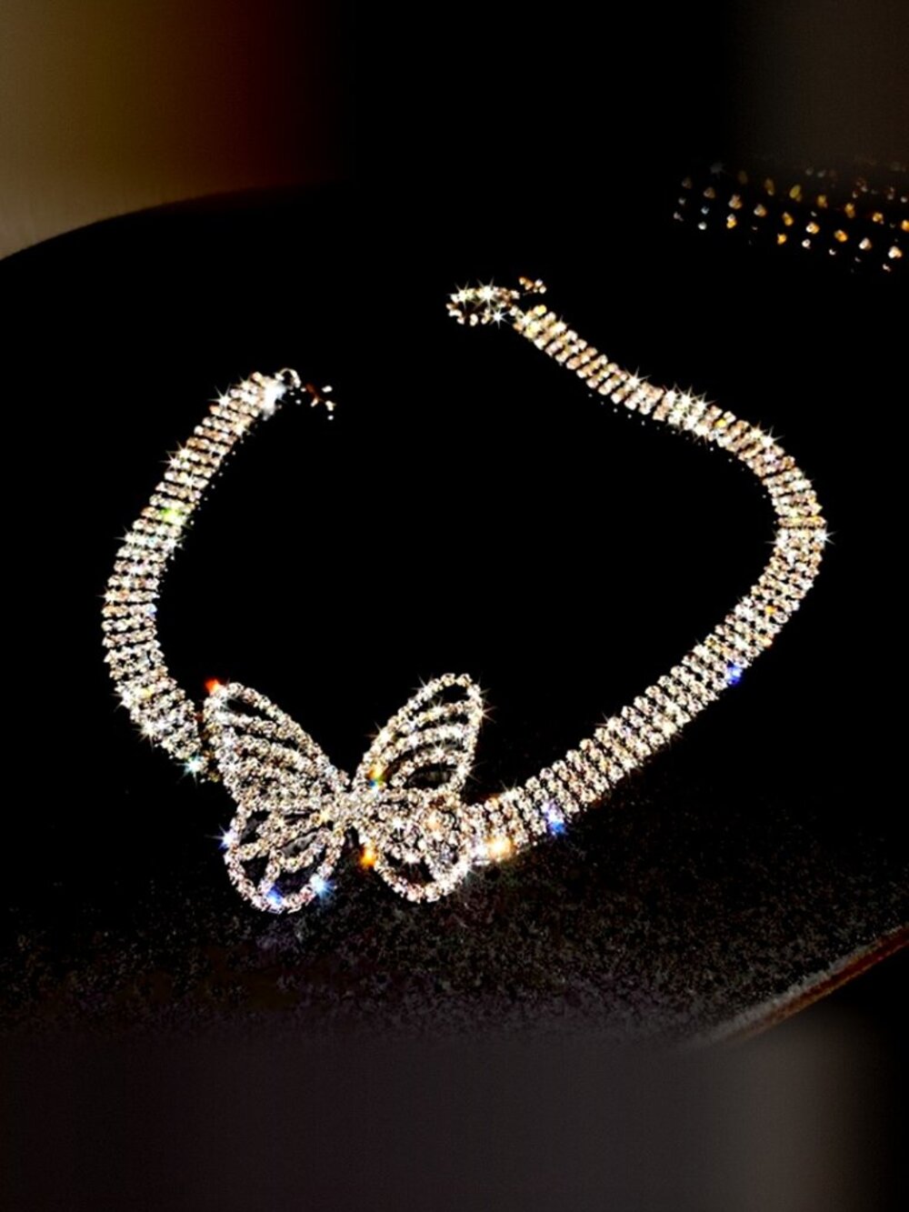 Silver Tone Rhinestone Butterfly Choker, Crystal Tennis Chain, 13 in + 2 in NWT - Picture 2 of 6